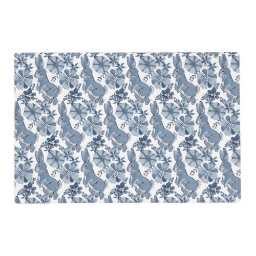 Whimsical Blue White Bunny Rabbit Floral Easter Placemat