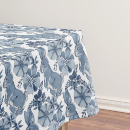 Whimsical Blue White Bunny Rabbit Floral Easter Tablecloth