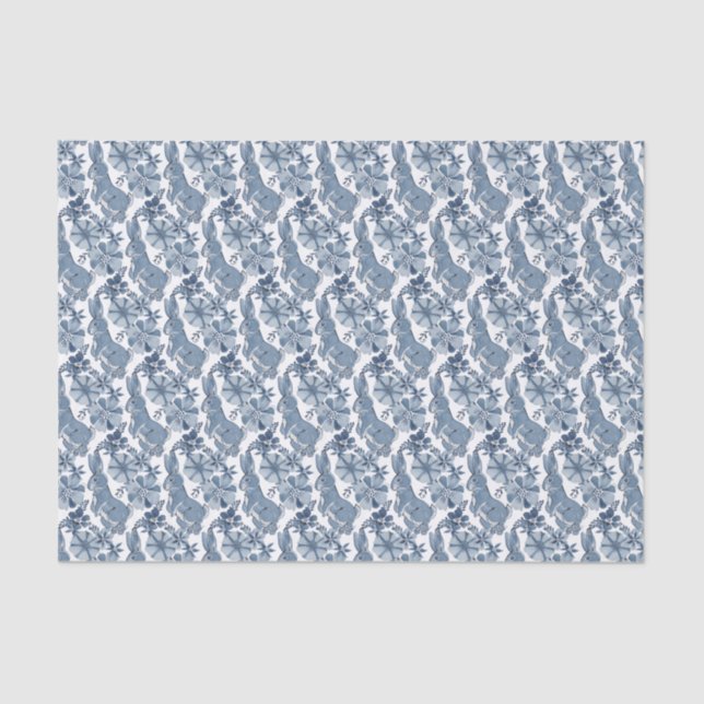 Whimsical Blue White Bunny Rabbit Floral Easter Tissue Paper (Front)