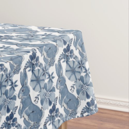 Whimsical Blue White Bunny Rabbit Floral Pattern Tablecloth