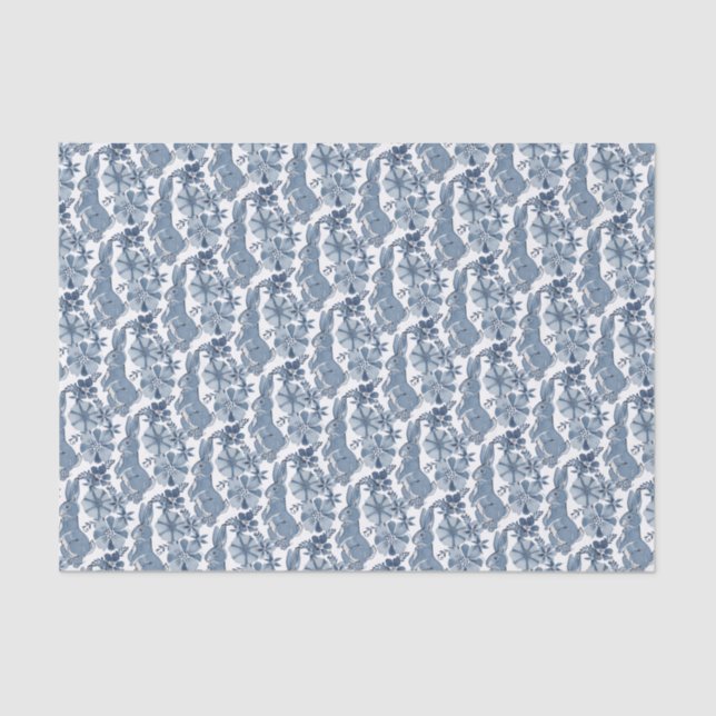 Whimsical Blue White Bunny Rabbit Floral Pattern Tissue Paper (Front)