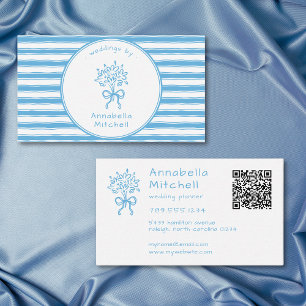 Whimsical Blue White Stripe Planner Florist QR Business Card