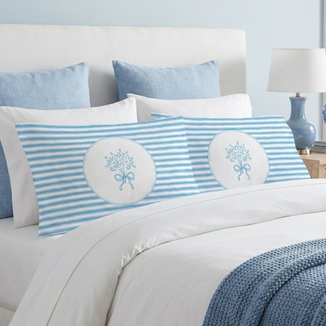 Whimsical Blue White Stripe Preppy Floral Pillow Case (Creator Uploaded)