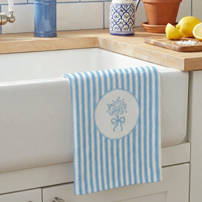 Whimsical Blue White Stripe Preppy Kitchen Towel (Creator Uploaded)