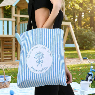 Whimsical Blue White Stripe Preppy Mom Established Tote Bag