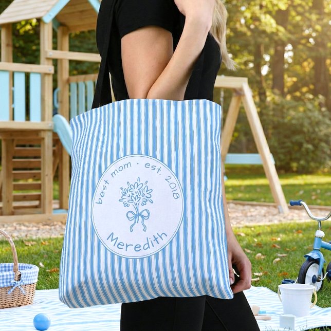 Whimsical Blue White Stripe Preppy Mom Established Tote Bag (Creator Uploaded)