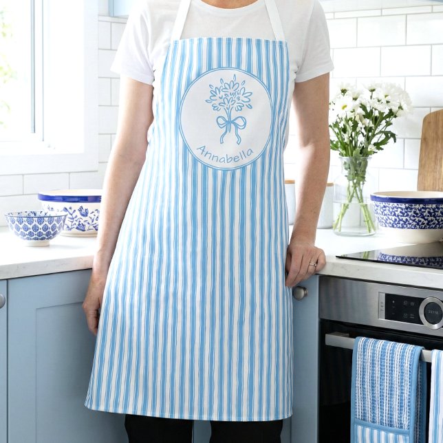 Whimsical Blue White Stripe Preppy Monogram Apron (Creator Uploaded)