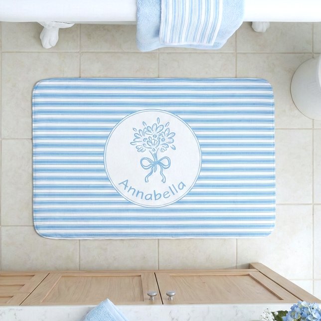 Whimsical Blue White Stripe Preppy Monogram Bath Mat (Creator Uploaded)