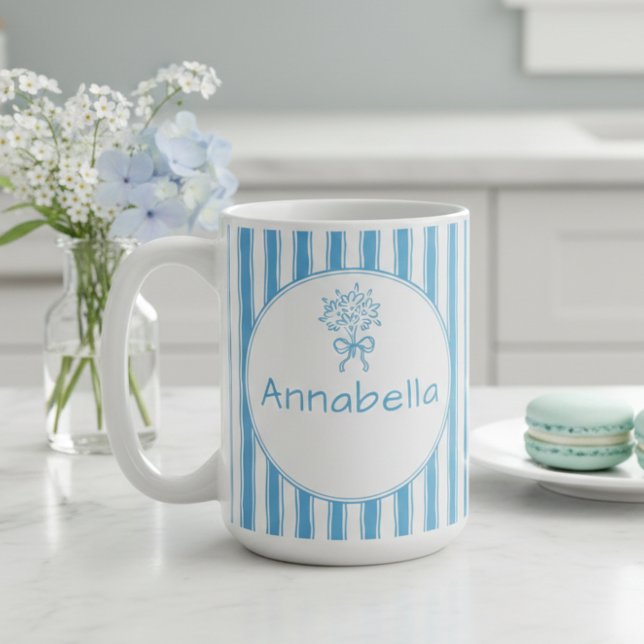 Whimsical Blue White Stripe Preppy Monogram Coffee Mug (Creator Uploaded)