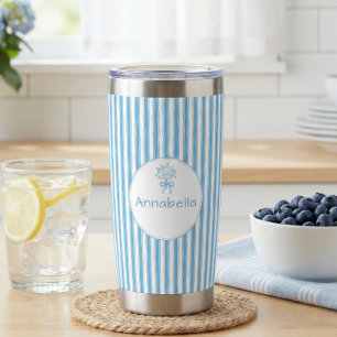 Whimsical Blue White Stripe Preppy Monogram Insulated Tumbler