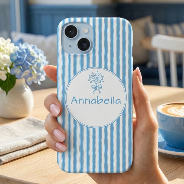 Whimsical Blue White Stripe Preppy Monogram iPhone 15 Case (Creator Uploaded)