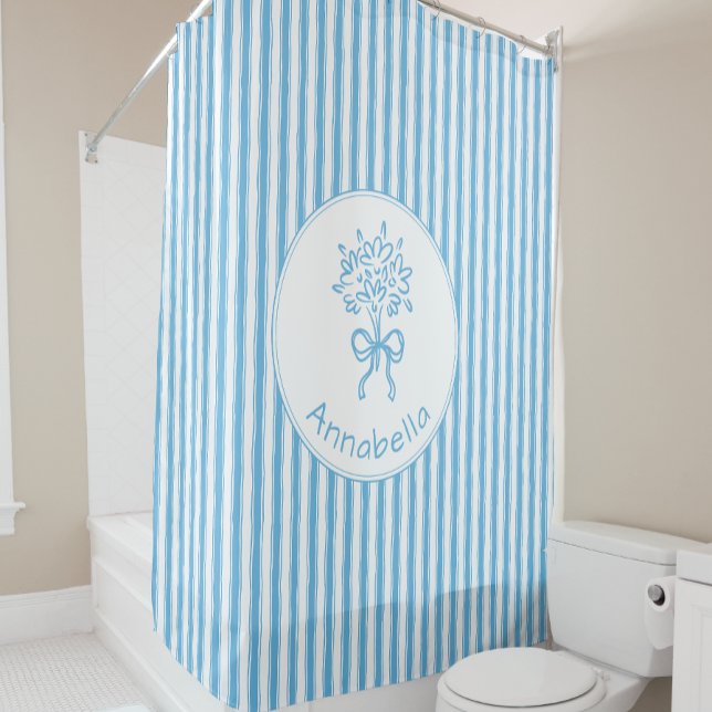 Whimsical Blue White Stripe Preppy Monogram Shower Curtain (Creator Uploaded)