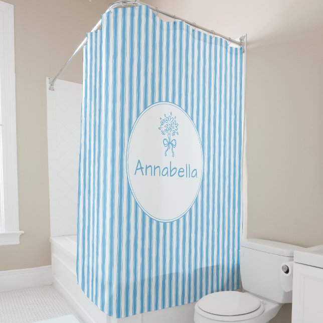 Whimsical Blue White Stripe Preppy Monogram Shower Curtain (Creator Uploaded)