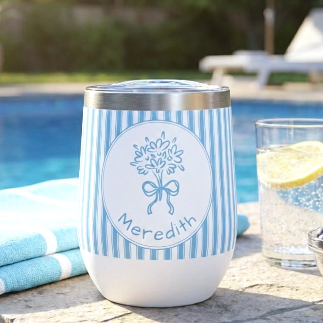 Whimsical Blue White Stripe Preppy Monogram Thermal Wine Tumbler (Creator Uploaded)