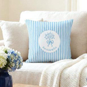 Whimsical Blue White Stripe Preppy Monogram Throw Pillow