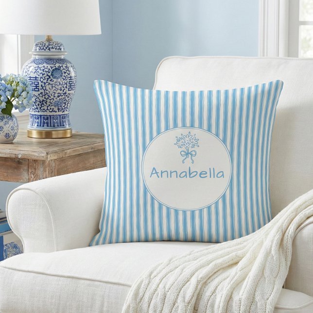 Whimsical Blue White Stripe Preppy Monogram Throw Pillow (Creator Uploaded)