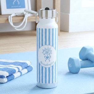 Whimsical Blue White Stripe Preppy Monogram Water Bottle