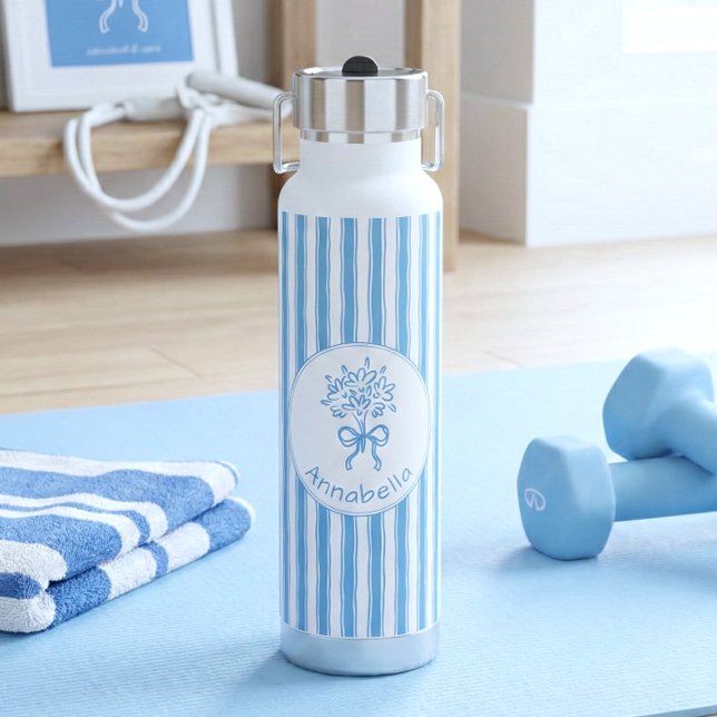 Whimsical Blue White Stripe Preppy Monogram Water Bottle (Creator Uploaded)