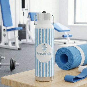 Whimsical Blue White Stripe Preppy Monogram Water Bottle
