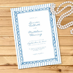 Whimsical Blue White Watercolor Stripe Wedding Invitation
