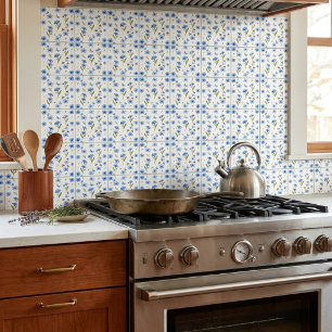 Whimsical Blue Wildflowers, Bees, and Butterflies Ceramic Tile