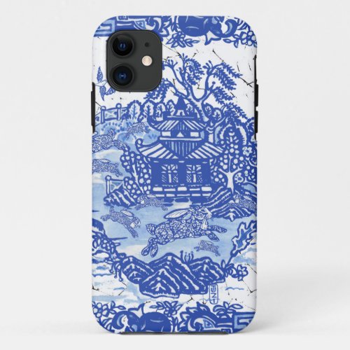 Whimsical Blue Willow Isle of Rabbits Design 2 iPhone 11 Case