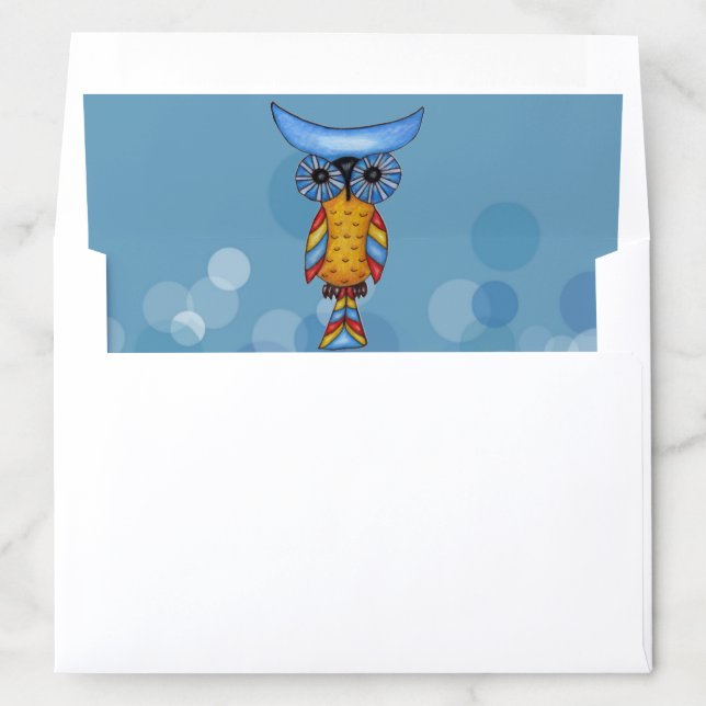Whimsical blue Yellow Owl Big Eyes Blue Circles Envelope Liner (In Envelope)