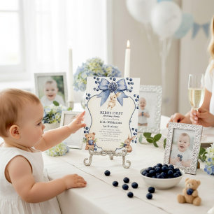 Whimsical Blueberry Bunny Bear First Birthday Invitation