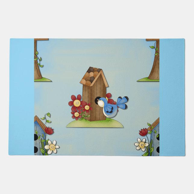 Whimsical Bluebird and Birdhouse Cute Spring Doormat (Front)