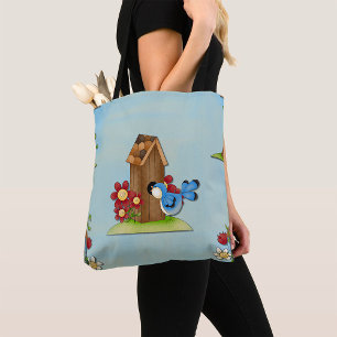 Whimsical Bluebird and Birdhouse Cute Spring Tote Bag