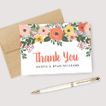 Whimsical Blush and Coral Floral Wedding Photo Thank You Card<br><div class="desc">Floral wedding thank you note cards in a folded format feature a whimsical fall floral design with colorful watercolor flowers, leaves, and greenery in summer and autumn shades of blush pink, golden yellow, coral, orange red, violet purple, and green. Personalize the card with the bride and groom names, a wedding...</div>