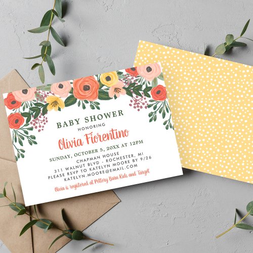 Whimsical Blush Coral Floral Baby Shower Invitation