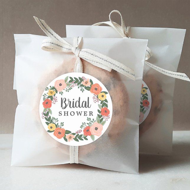 Whimsical Blush Coral Floral Bridal Shower Classic Round Sticker (Creator Uploaded)