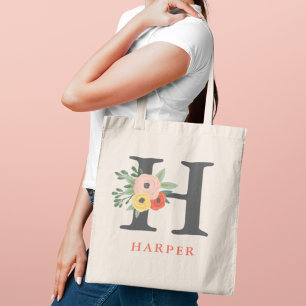 Whimsical Blush Coral Floral Monogram Name Tote Bag