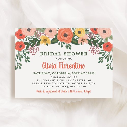 Whimsical Blush Coral Floral Wedding Bridal Shower Invitation