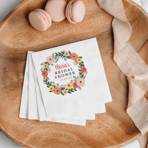 Whimsical Blush Coral Floral Wreath Bridal Shower Napkins