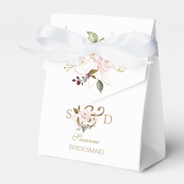 Whimsical Blush Gold Flowers Monogram Wedding Favor Boxes (Front Side)