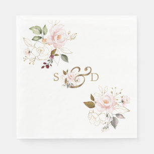 Whimsical Blush Gold Flowers Monogram Wedding Napkins