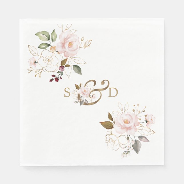 Whimsical Blush Gold Flowers Monogram Wedding Napkins (Front)