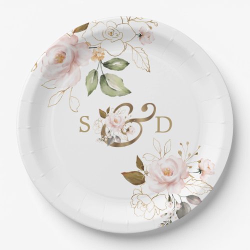 Whimsical Blush Gold Flowers Monogram Wedding Paper Plates