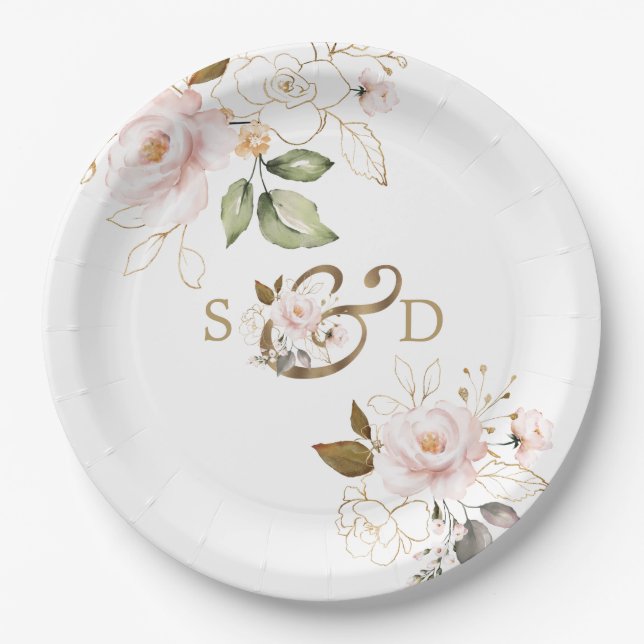 Whimsical Blush Gold Flowers Monogram Wedding Paper Plates (Front)