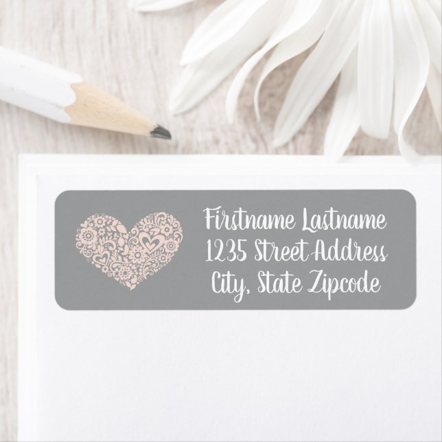 Whimsical Blush Heart Gray Wedding Address Label (Insitu)