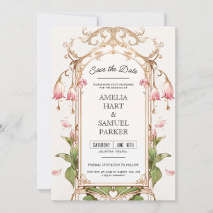 Whimsical Blush Pink and Green Save the Date Invitation