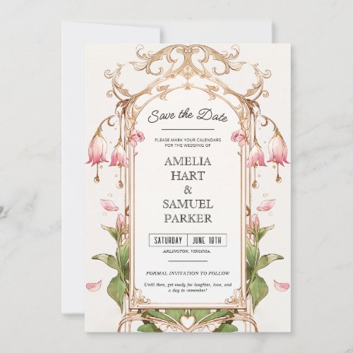 Whimsical Blush Pink and Green Save the Date Invitation