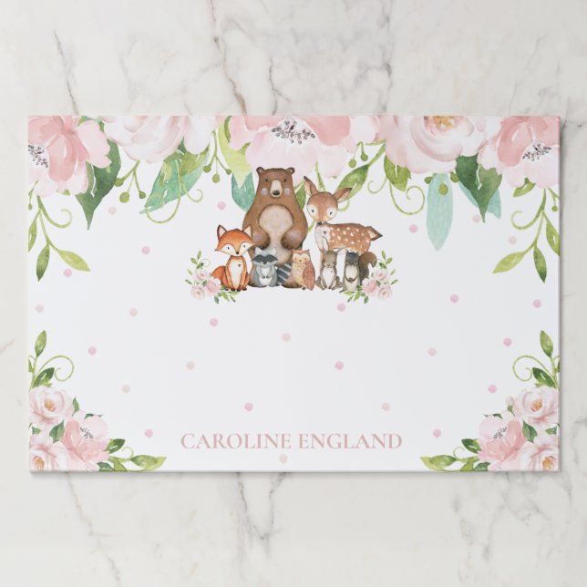 Whimsical Blush Pink Floral Cute Woodland Animals Paper Pad (Front)
