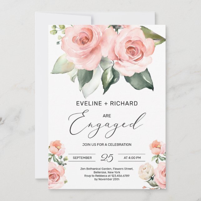 WHIMSICAL blush pink floral roses engagement Invitation (Front)