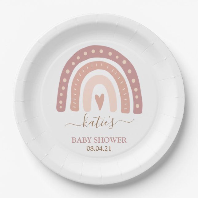 Whimsical Blush Pink Rainbow Girl Baby Shower Paper Plates (Front)