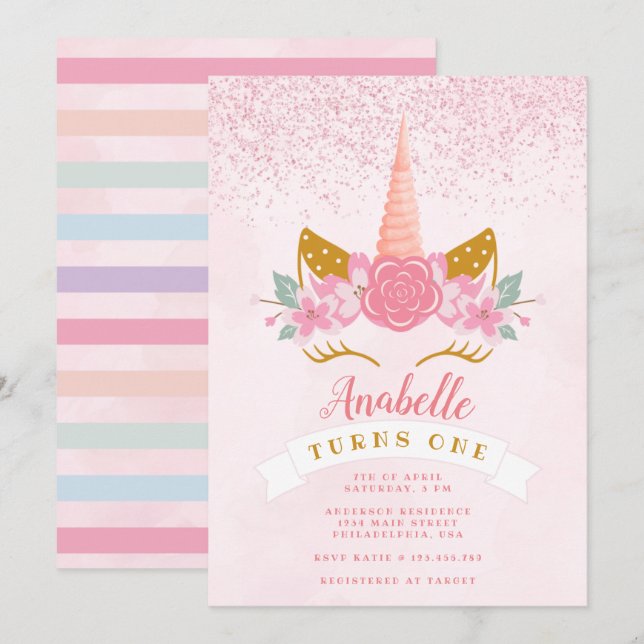 Whimsical Blush Pink Rainbow Unicorn Birthday Invitation (Front/Back)