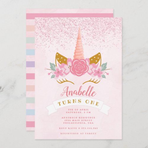 Whimsical Blush Pink Rainbow Unicorn Birthday Invitation