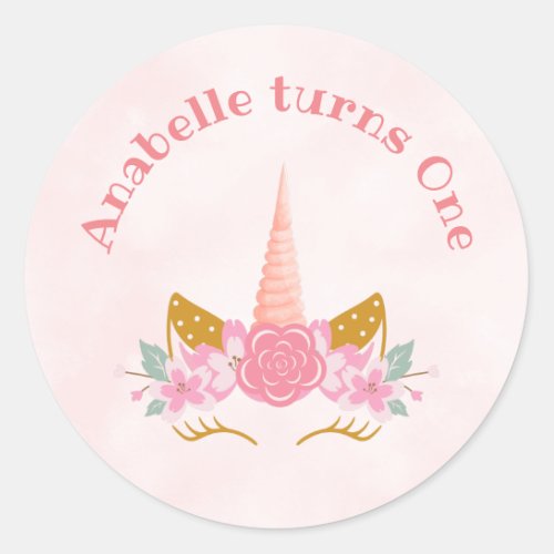 Whimsical Blush Pink Unicorn Birthday  Classic Round Sticker
